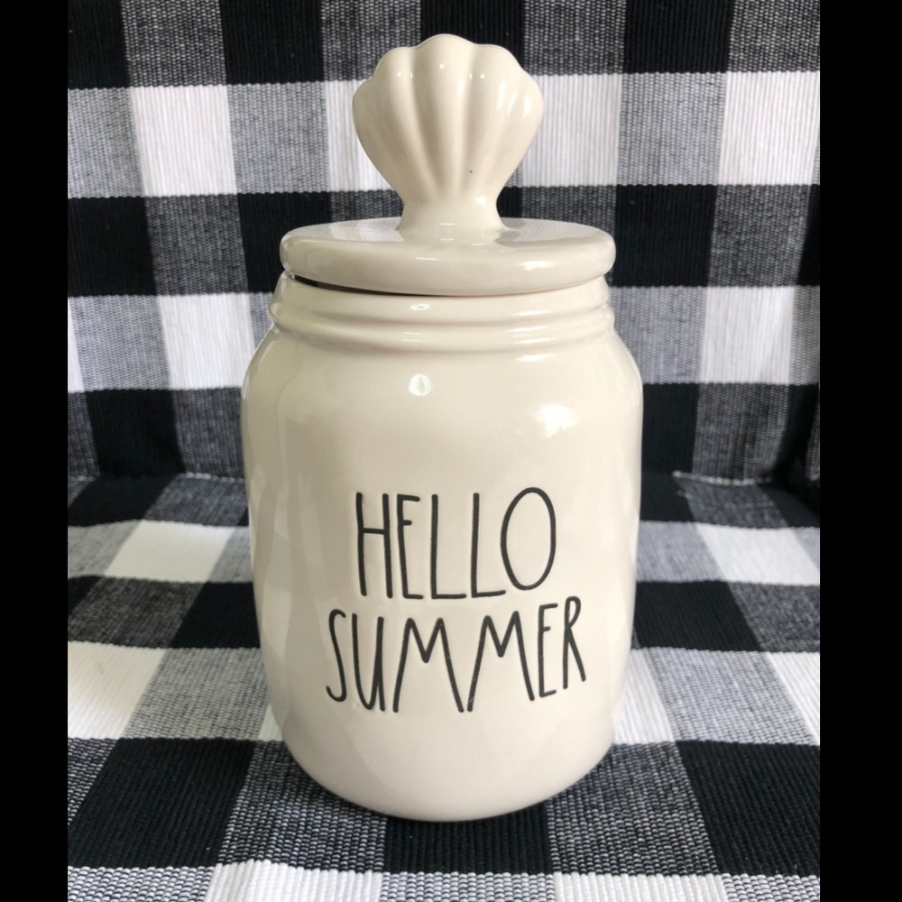 Rae Dunn “HELLO SUMMER” Canister with SeaShell lid 8” Tall